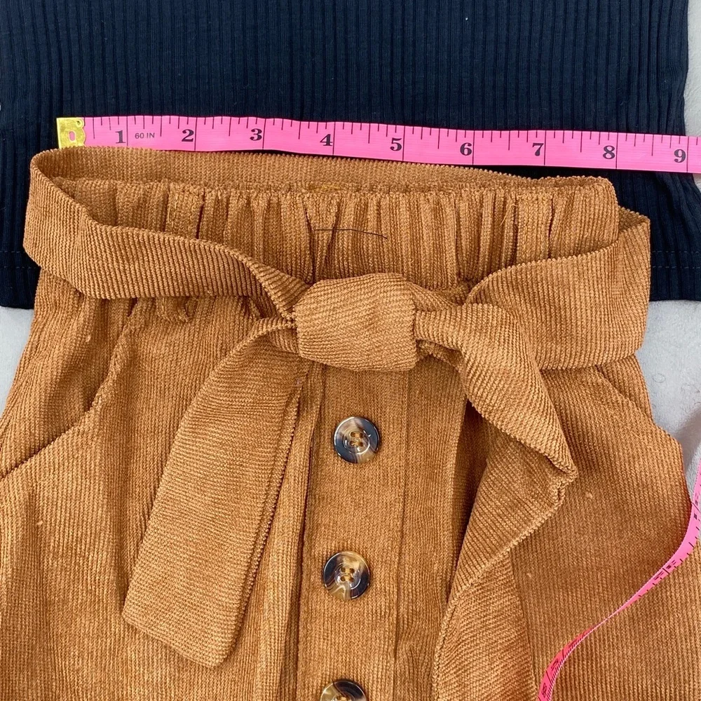 Black Ruffle Long Sleeve Top and Tan Corduroy Button Skirt Set Size 2 NEW